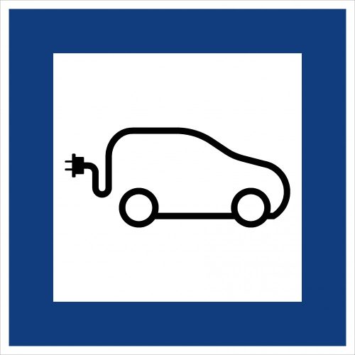 Elektromos autó töltőhely "KRESZ" tábla, 60×60 cm és tartó bilincs szett